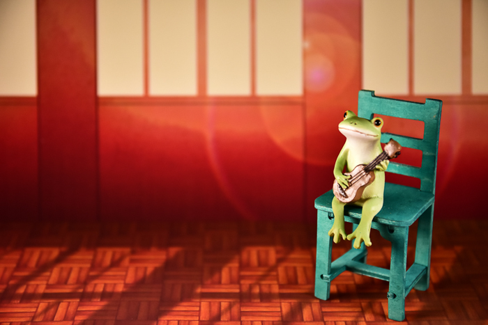 ツバキアキラが撮ったカエルのコポー。夕日の差し込む教室でウクレレを弾いているコポタロウ。
