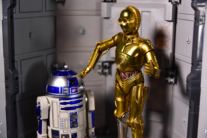 ツバキアキラが撮った、S.H.フィギュアーツのC-3POとR2-D2。SFっぽい背景が欲しくて、オクタゴンベースを組み立てました。
