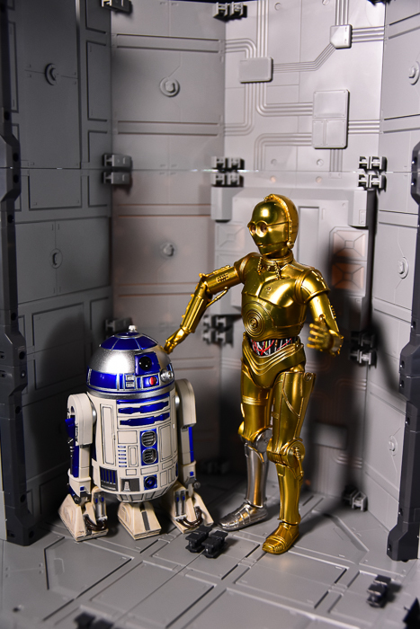 ツバキアキラが撮った、S.H.フィギュアーツのC-3POとR2-D2。SFっぽい背景が欲しくて、オクタゴンベースを組み立てました。