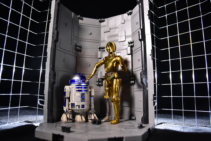 ツバキアキラが撮った、S.H.フィギュアーツのC-3POとR2-D2。SFっぽい背景が欲しくて、オクタゴンベースを組み立てました。