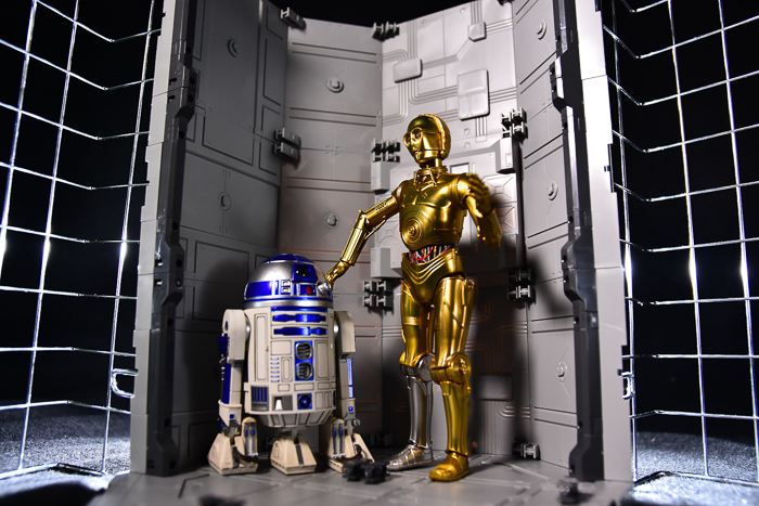 ツバキアキラが撮った、S.H.フィギュアーツのC-3POとR2-D2。SFっぽい背景が欲しくて、オクタゴンベースを組み立てました。