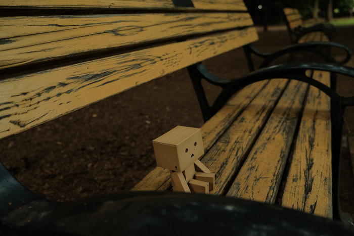 公園のベンチに座っているダンボー